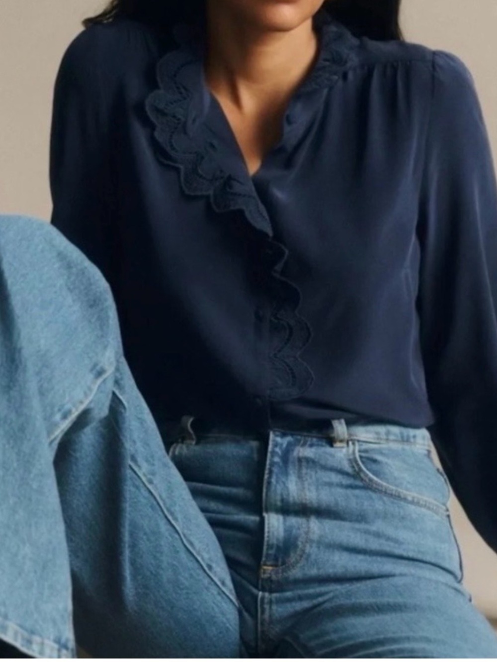 Sézane 100% Silk Navy Blue Ruffle Lace Blouse Size 42 (US 10 / L)